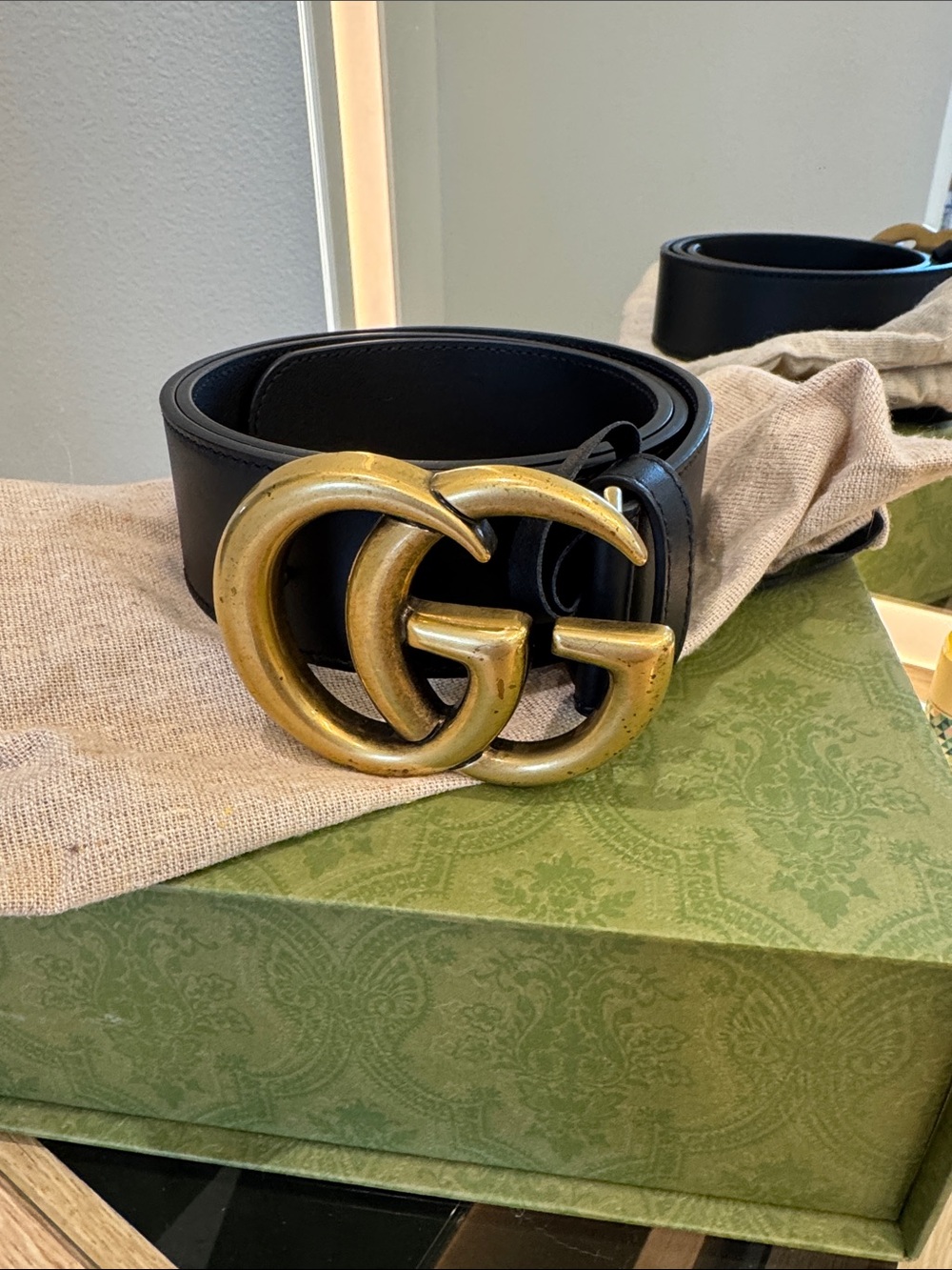 Gucci Black Leather Belt with Double G Brass Buckle